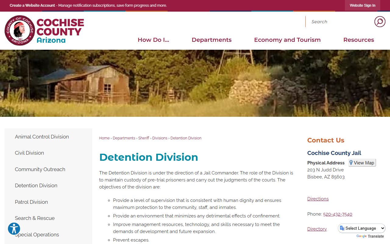 Cochise County inmate population Detention Division page
